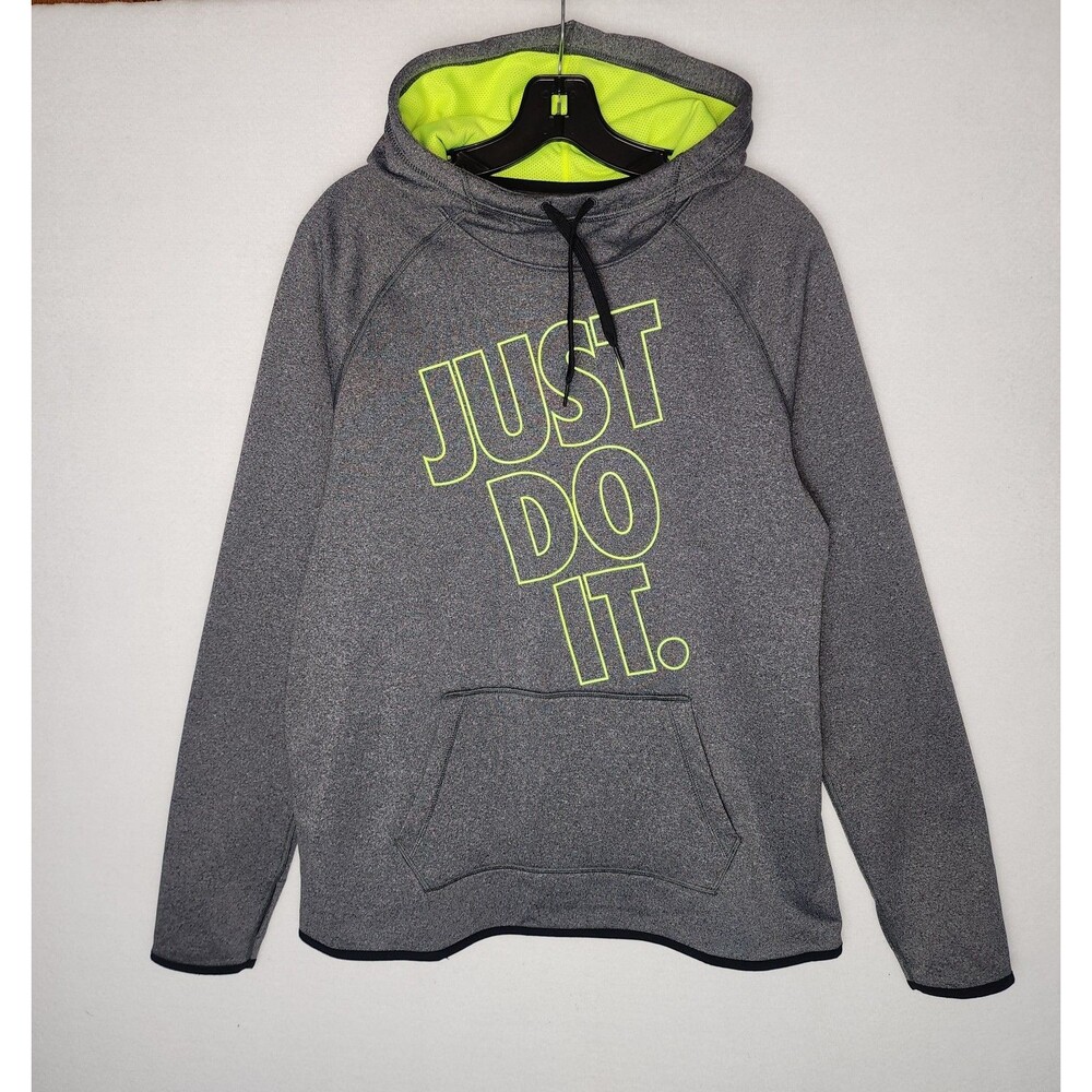 Nike Dri-Fit Hoodie Pullover Just Do It Athletic Gray Neon Yellow Womens Large